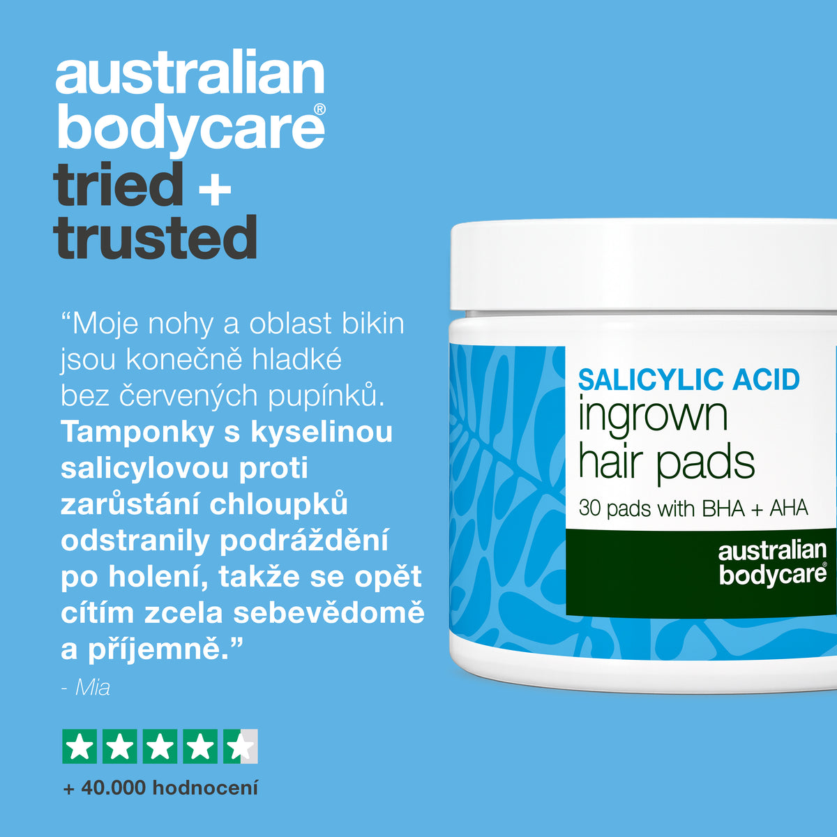 Zákaznická recenze polštářků s kyselinou salicylovou Australian Bodycare na zarůstající chloupky, zobrazená s hodnocením čtyři a půl hvězdičky a více než 40 000 recenzemi.