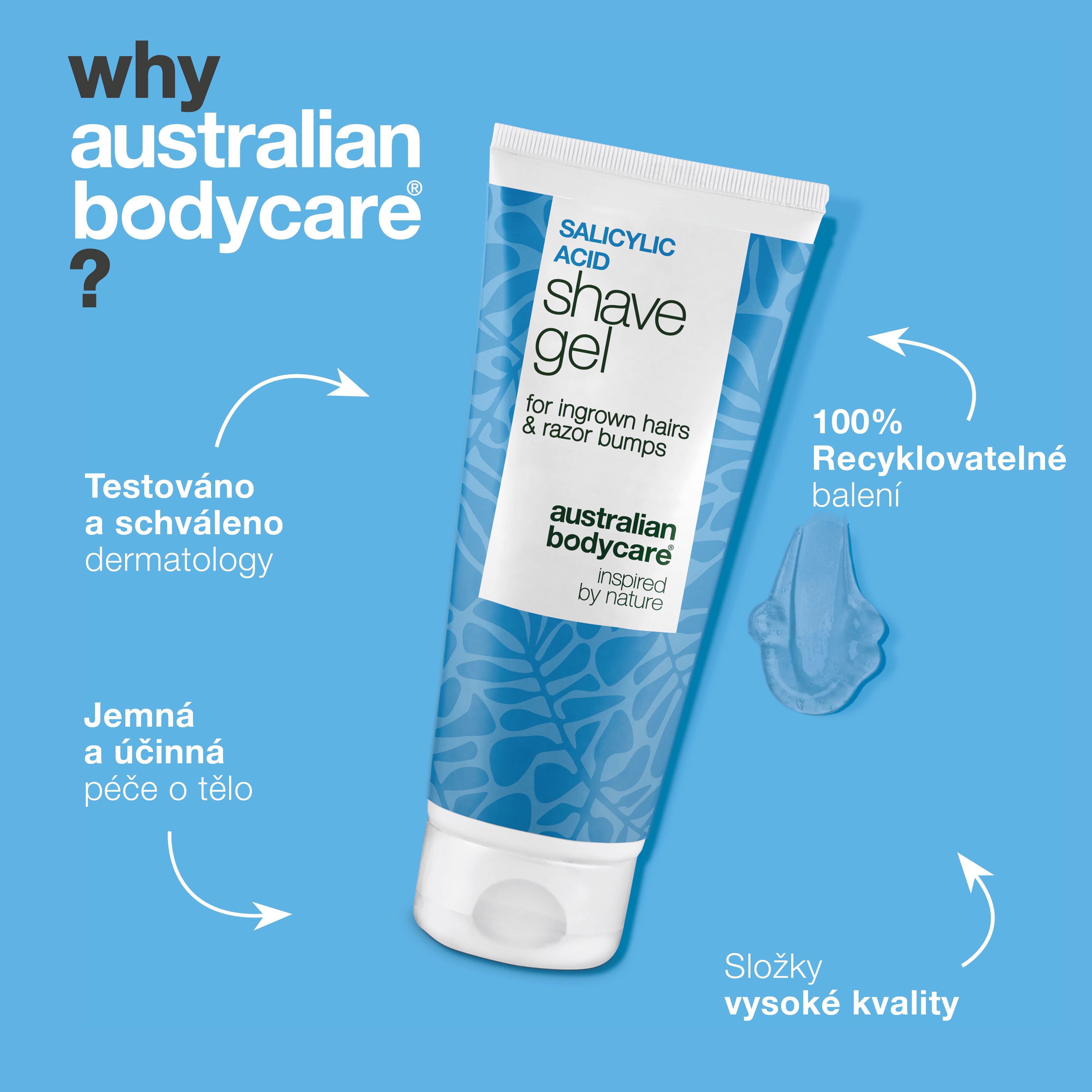 Holicí gel s kyselinou salicylovou proti zarůstání chloupků — Holicí gel s kyselinou salicylovou proti zarůstání chloupků. Obsahuje glycerin a panthenol pro holení bez podráždění a svědění.