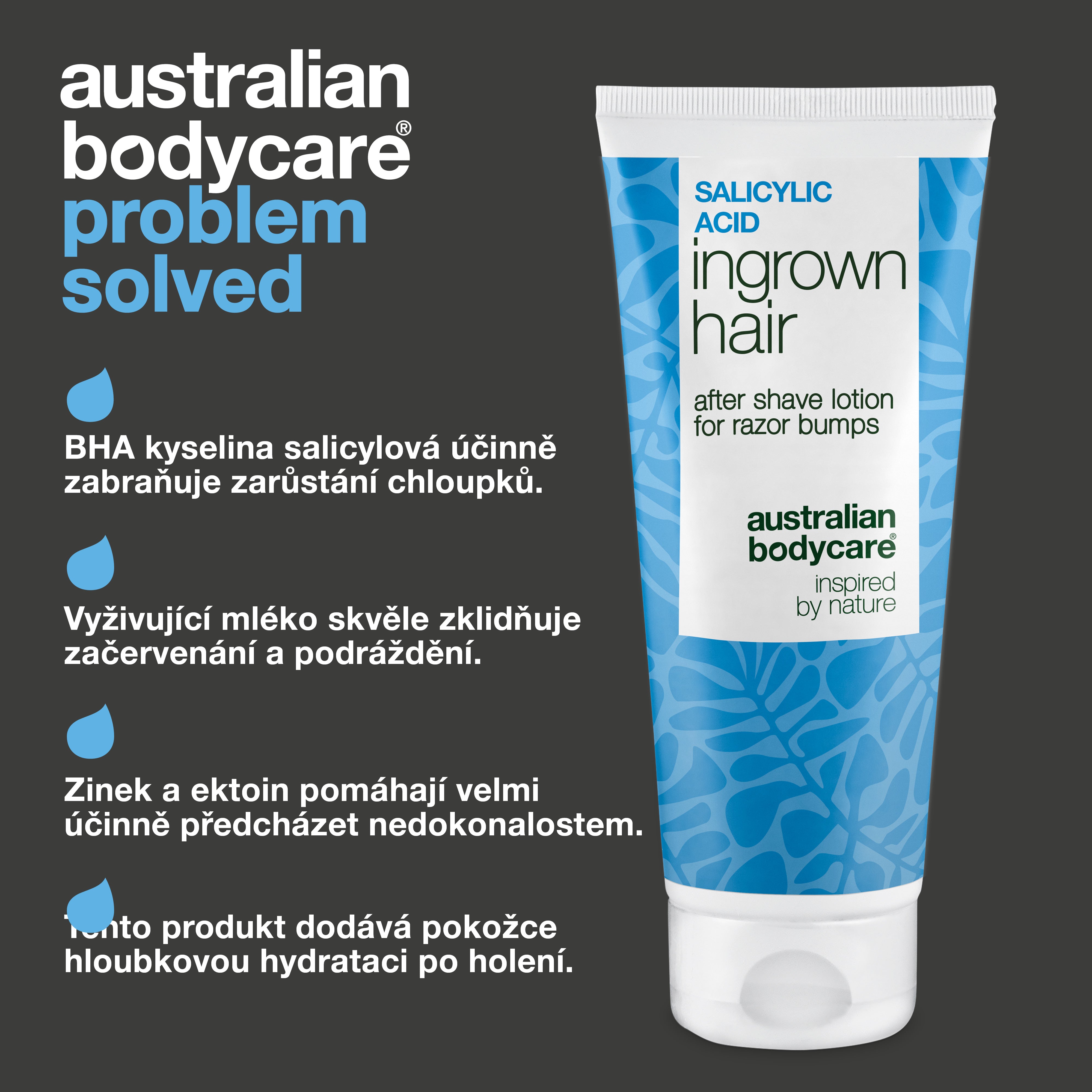 Australian Bodycare Pečující mléko po holení s kyselinou salicylovou proti zarůstajícím chloupkům, červeným pupínkům, nedokonalostem a podráždění. Mléko s BHA kyselinou salicylovou, zinkem a ektoinem zároveň poskytuje pokožce intenzivní hydrataci po holení.