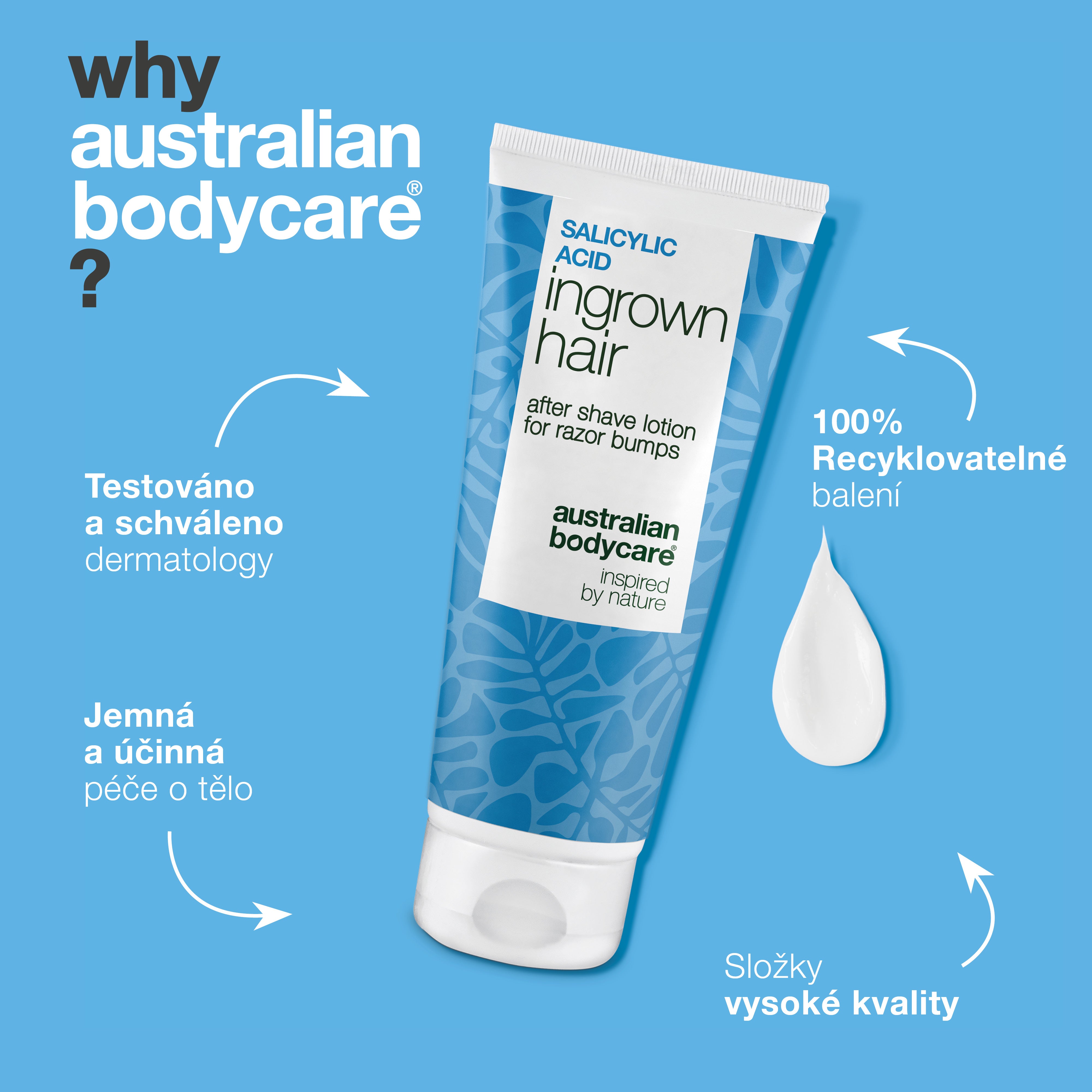 Australian Bodycare Pečující mléko po holení s kyselinou salicylovou v recyklovatelném obalu. Dermatologicky testovaná, šetrná a účinná péče o tělo s vysoce kvalitními složkami.