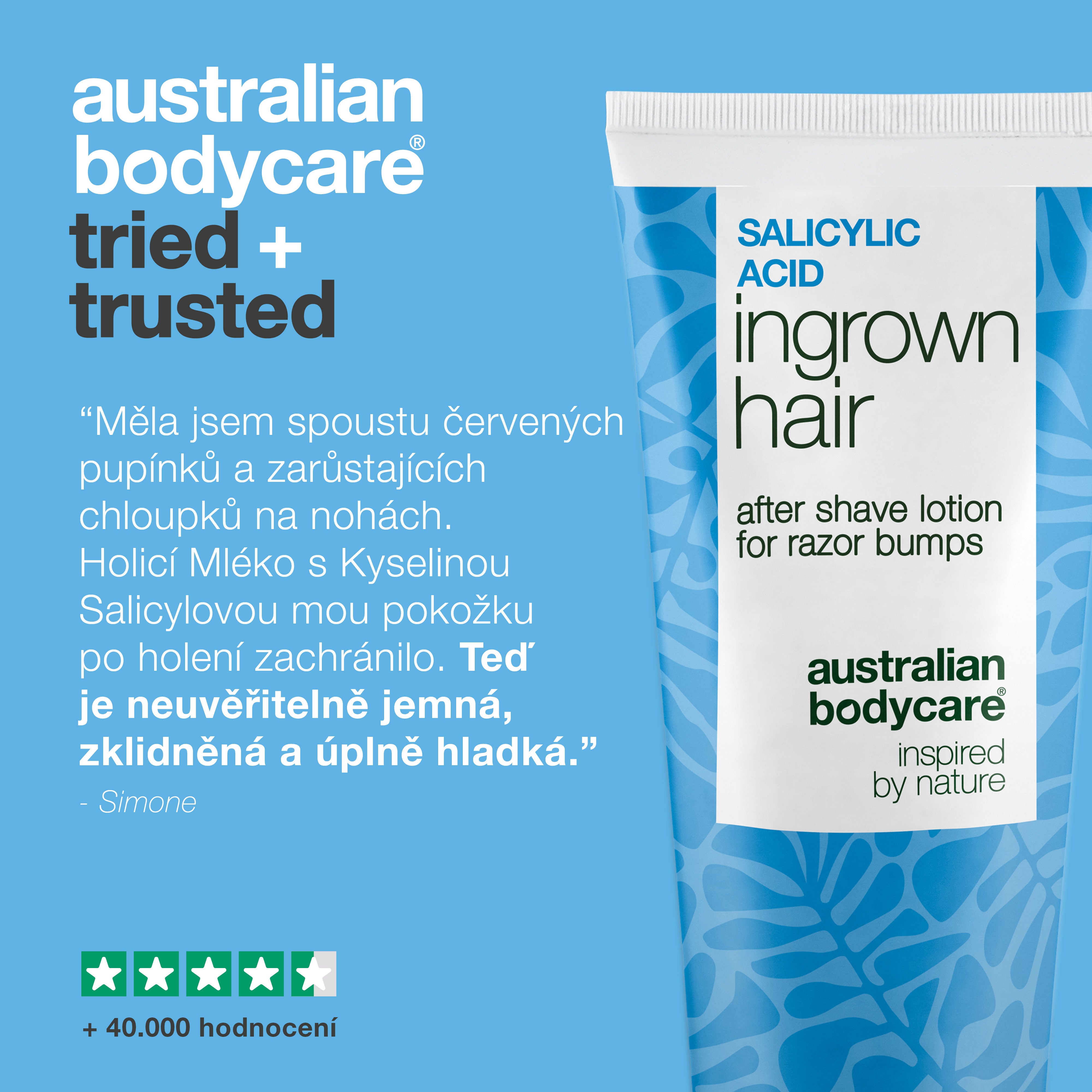 Australian Bodycare Pečující mléko po holení s kyselinou salicylovou proti zarůstajícím chloupkům a červeným pupínkům. Obrázek zobrazuje produkt spolu s hodnocením zákazníka, který popisuje jemnější a zklidněnější pokožku po holení, a také více než 40 000 recenzí.