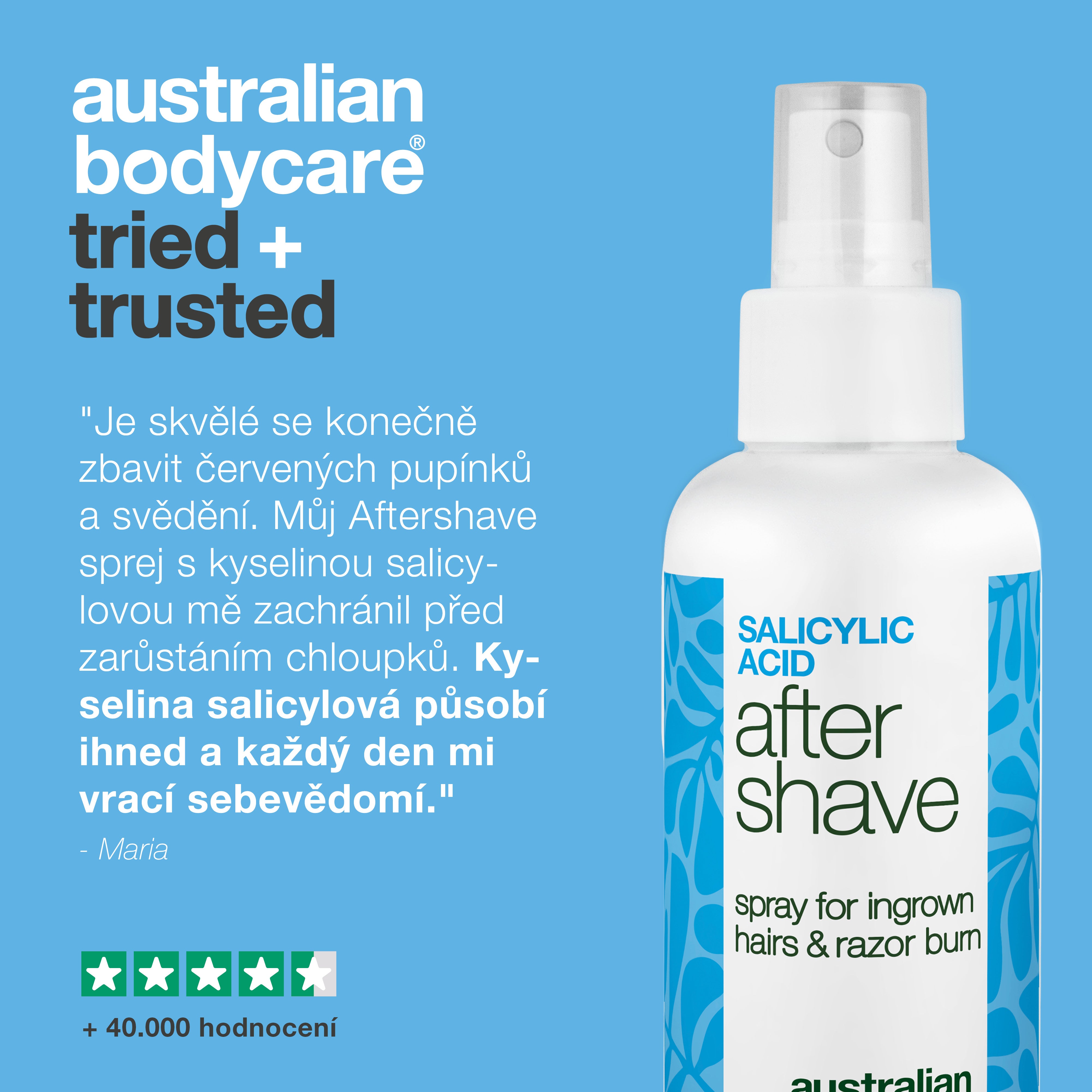 Sprej po holení s kyselinou salicylovou na pupínky — Sprej po holení na pupínky a zarůstající chloupky. Kyselina salicylová a Aloe Vera zklidní svědění pro hladkou pleť. Vyzkoušejte hned.