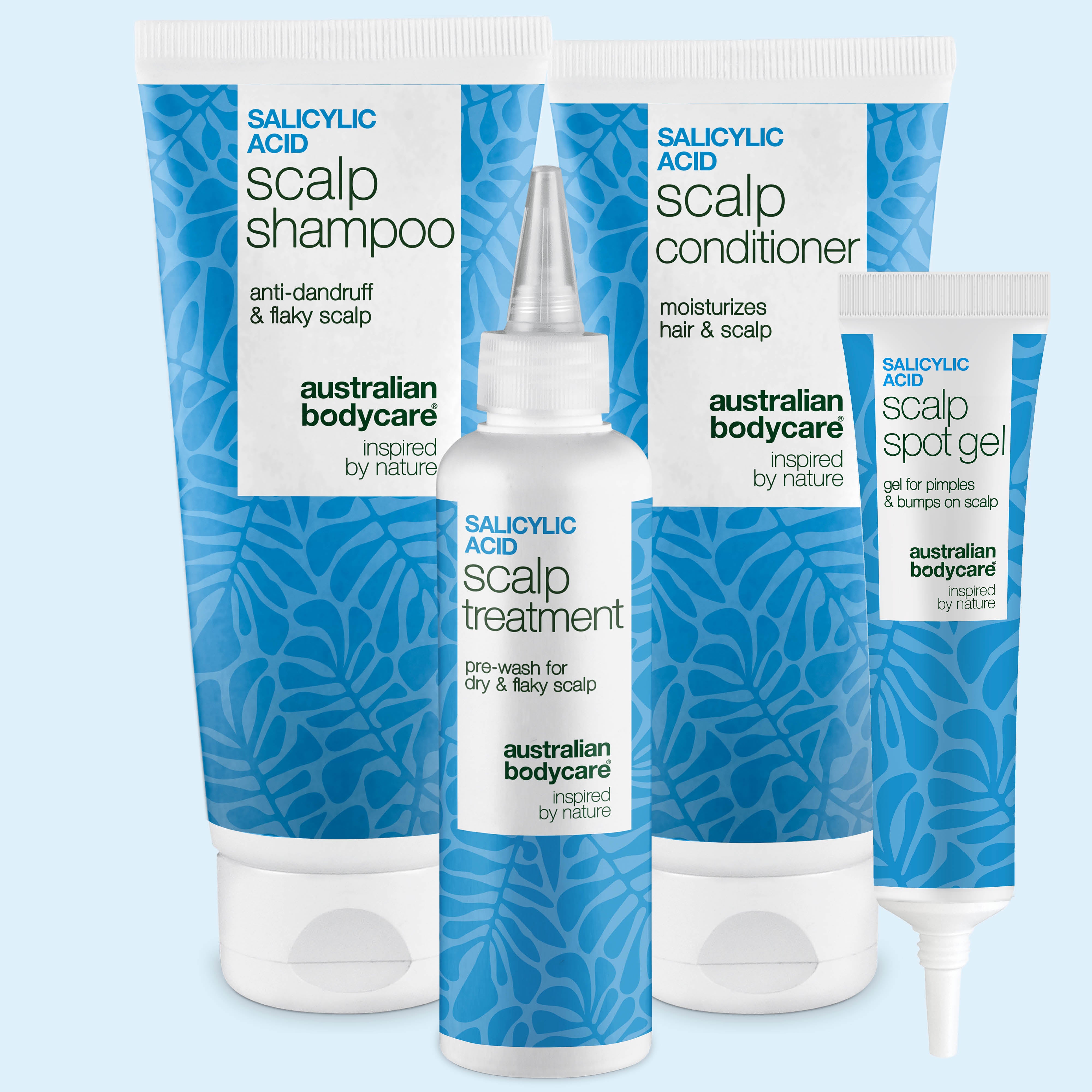 Sada s kyselinou salicylovou na pokožku hlavy: šampon, kondicionér, kúra a gel na pupínky od Australian Bodycare