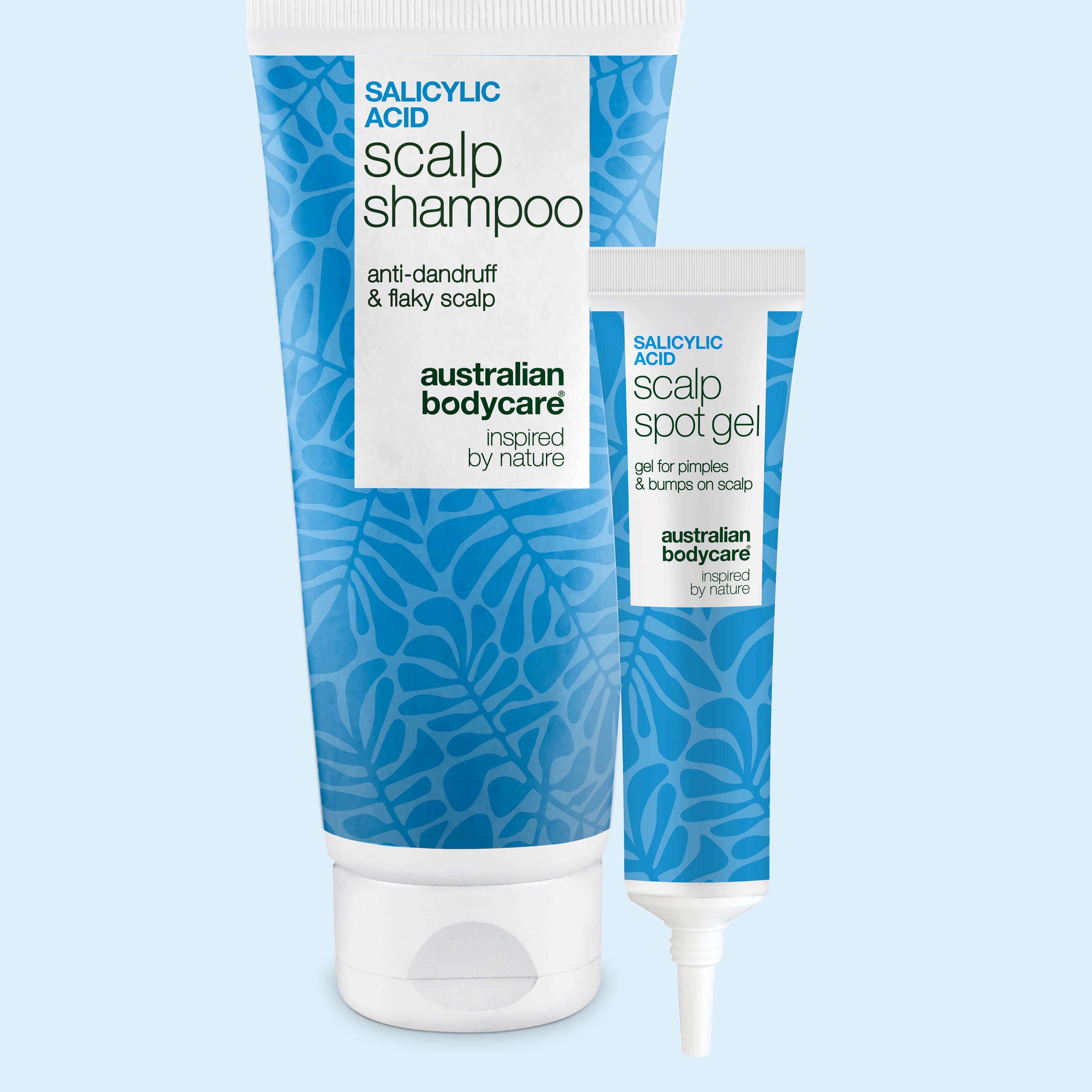 Sada na pupínky ve vlasech: šampon s kyselinou salicylovou a bodový gel od Australian Bodycare