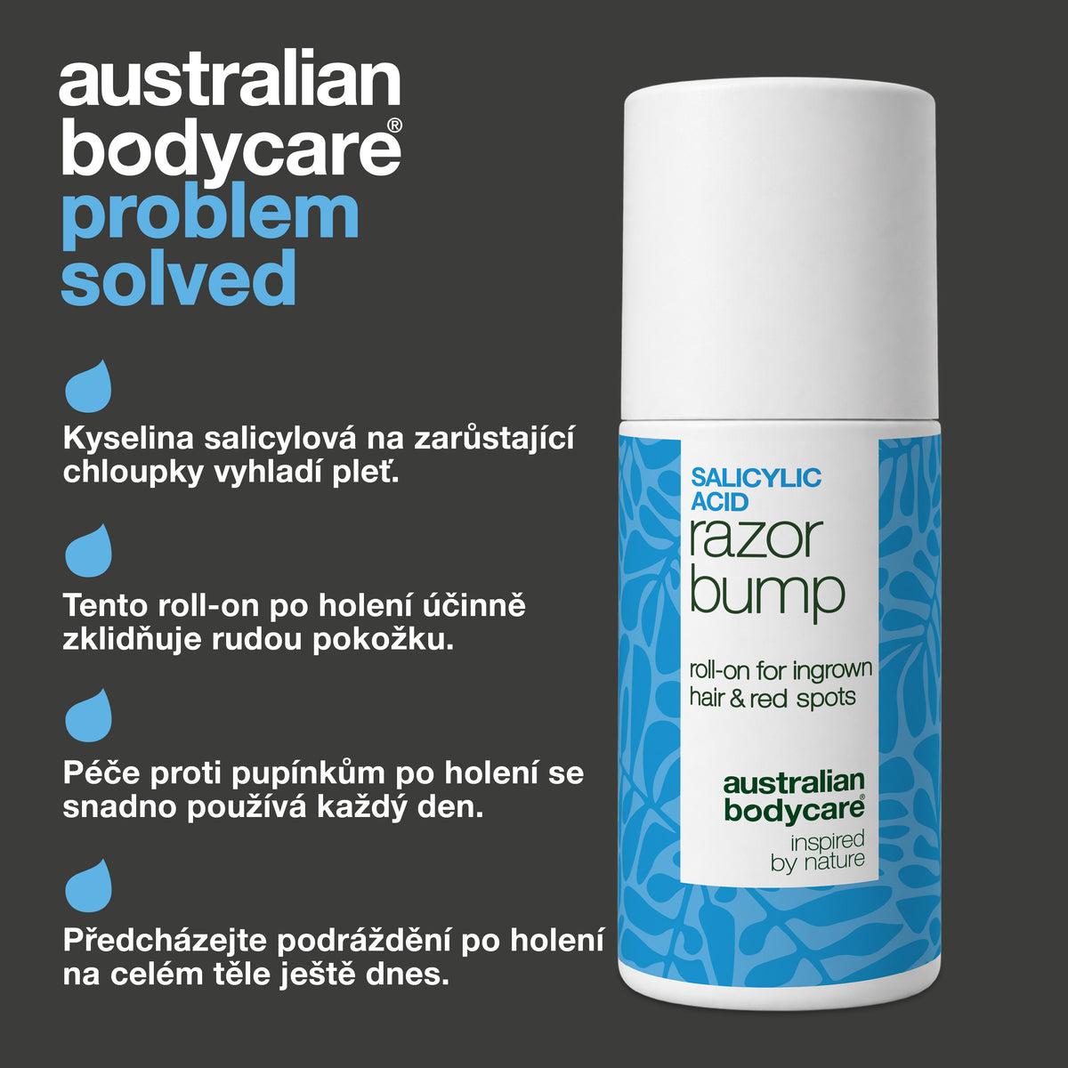 Roll-on Salicylic Acid Razor Bump od Australian Bodycare: kyselina salicylová na zarůstající chloupky vyhladí pleť, roll-on po holení účinně zklidňuje zarudlou pokožku, péče proti pupínkům po holení se snadno používá každý den a předchází podráždění po holení na celém těle.