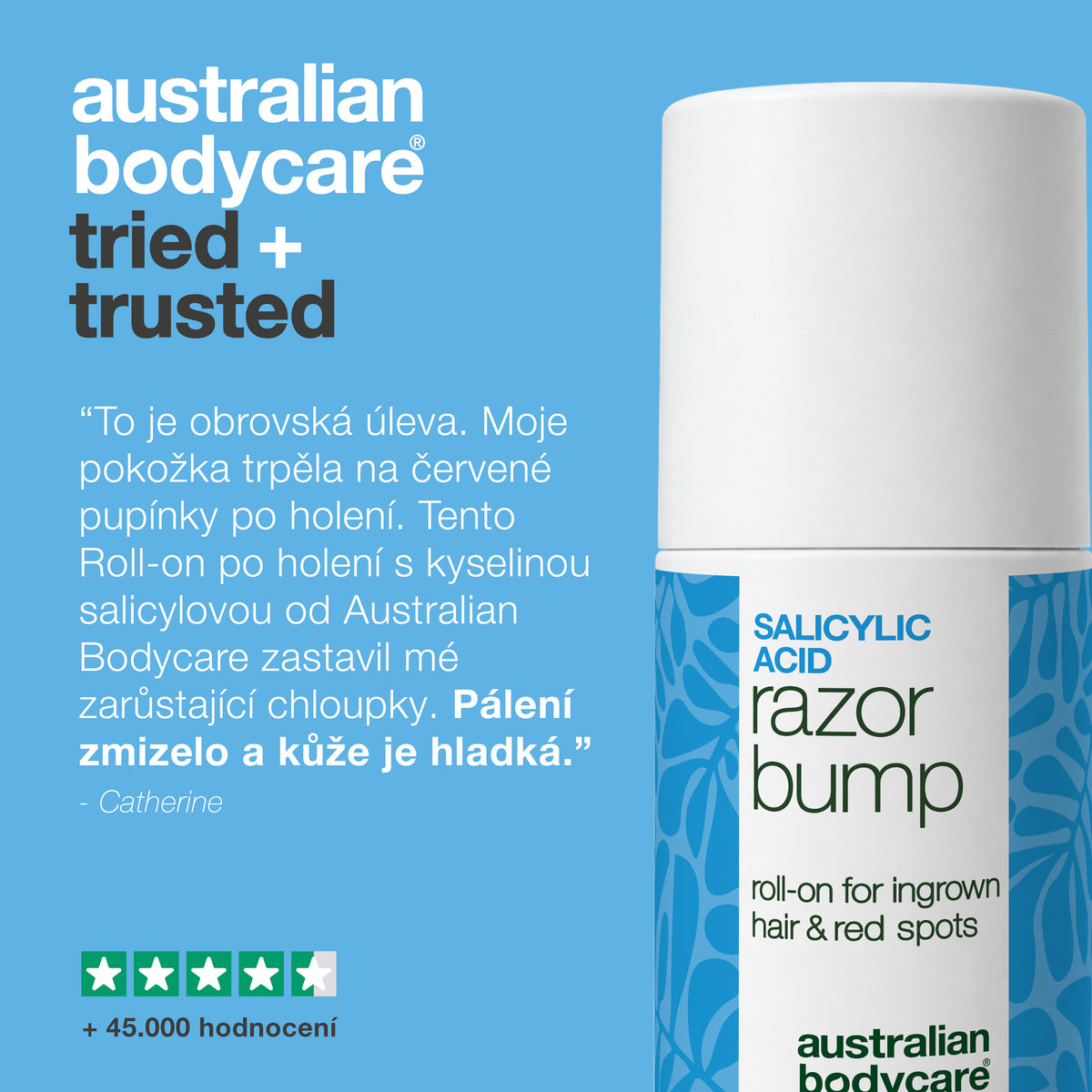 Zákaznická recenze roll-onu Salicylic Acid Razor Bump: „To je obrovská úleva. … Pálení zmizelo a kůže je hladká.“ – Catherine. 4,5 z 5 hvězdiček a více než 45 000 hodnocení.