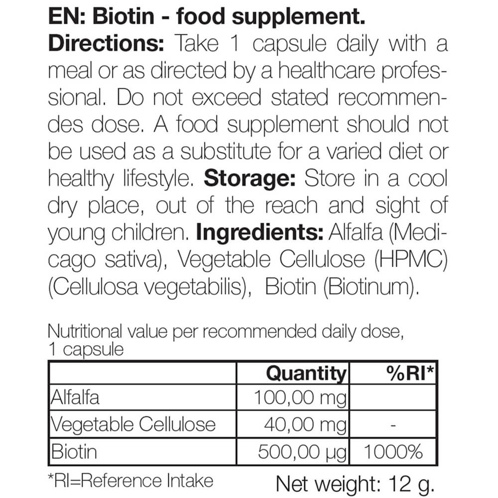 Doplněk stravy Biotin 500 µg – vitamín B7 – 90 ks — Doplněk s biotinem 500 µg – podporuje vlasy, pokožku a sliznice. Klíčové složky: biotin, Medicago sativa a celulóza.