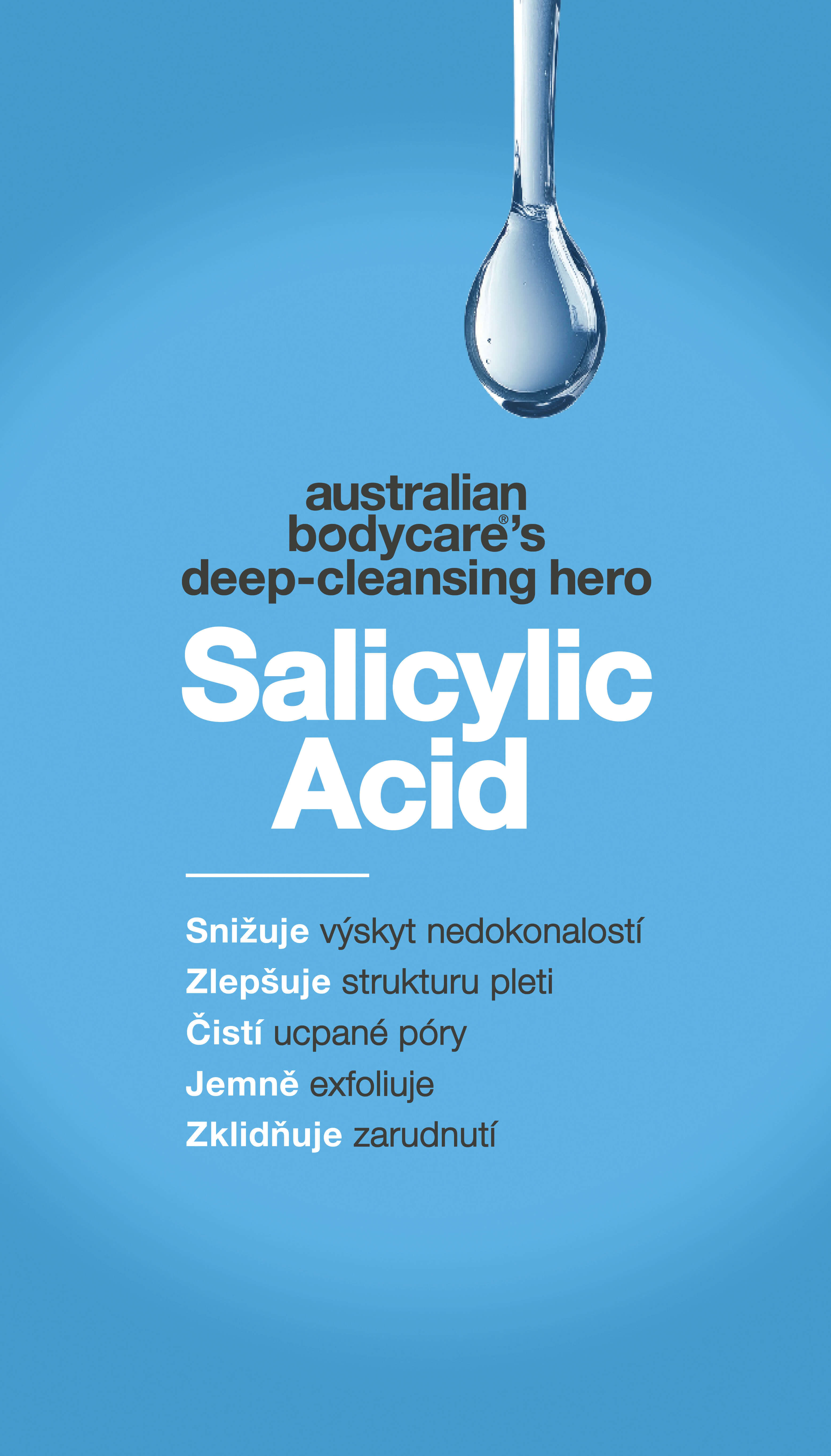 Reklamní grafika Australian Bodycare s kapkou tekutiny nahoře a textem na modrém pozadí. Zdůrazňuje kyselinu salicylovou jako 'hrdinu hloubkového čištění', který uvolňuje póry, snižuje nedokonalosti, jemně exfoliuje, zklidňuje zarudnutí a zlepšuje strukturu pleti.