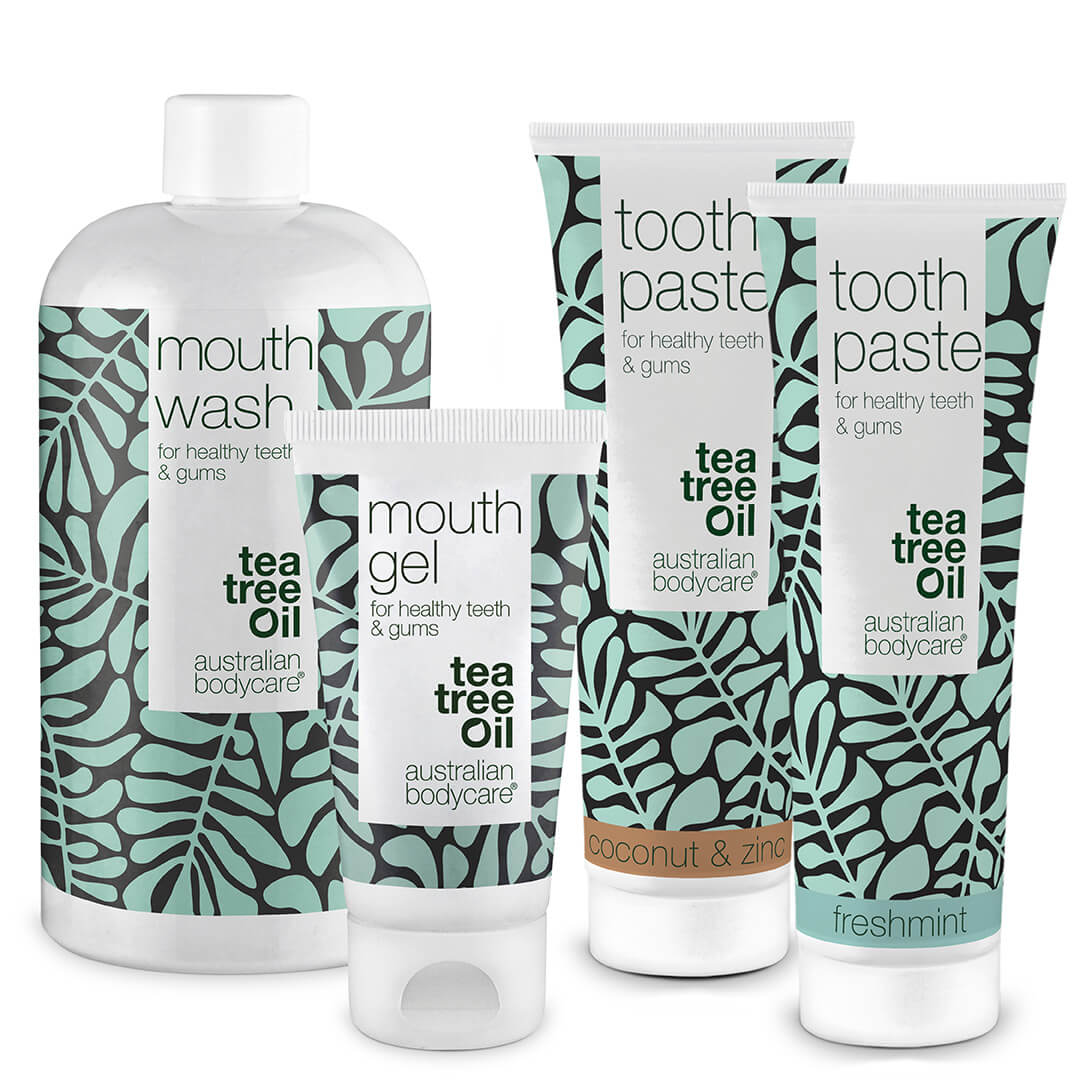 Balení 4 produktů s Tea Tree olejem na ústní hygienu - Pro každodenní péči při kvasince v ústech, paradentóze a zánětu dásní.