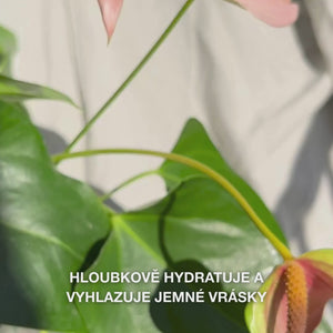 Detail ruky, která aplikuje pár kapek jemného, čirého séra na prsty a jemně ho vmasíruje do mírně vlhké pleti – jeho lehká, rychle se vstřebávající textura ihned hydratuje, vypíná jemné linky a zklidňuje díky 2 % kyselině hyaluronové, vitaminu B5 a tea tree oleji 