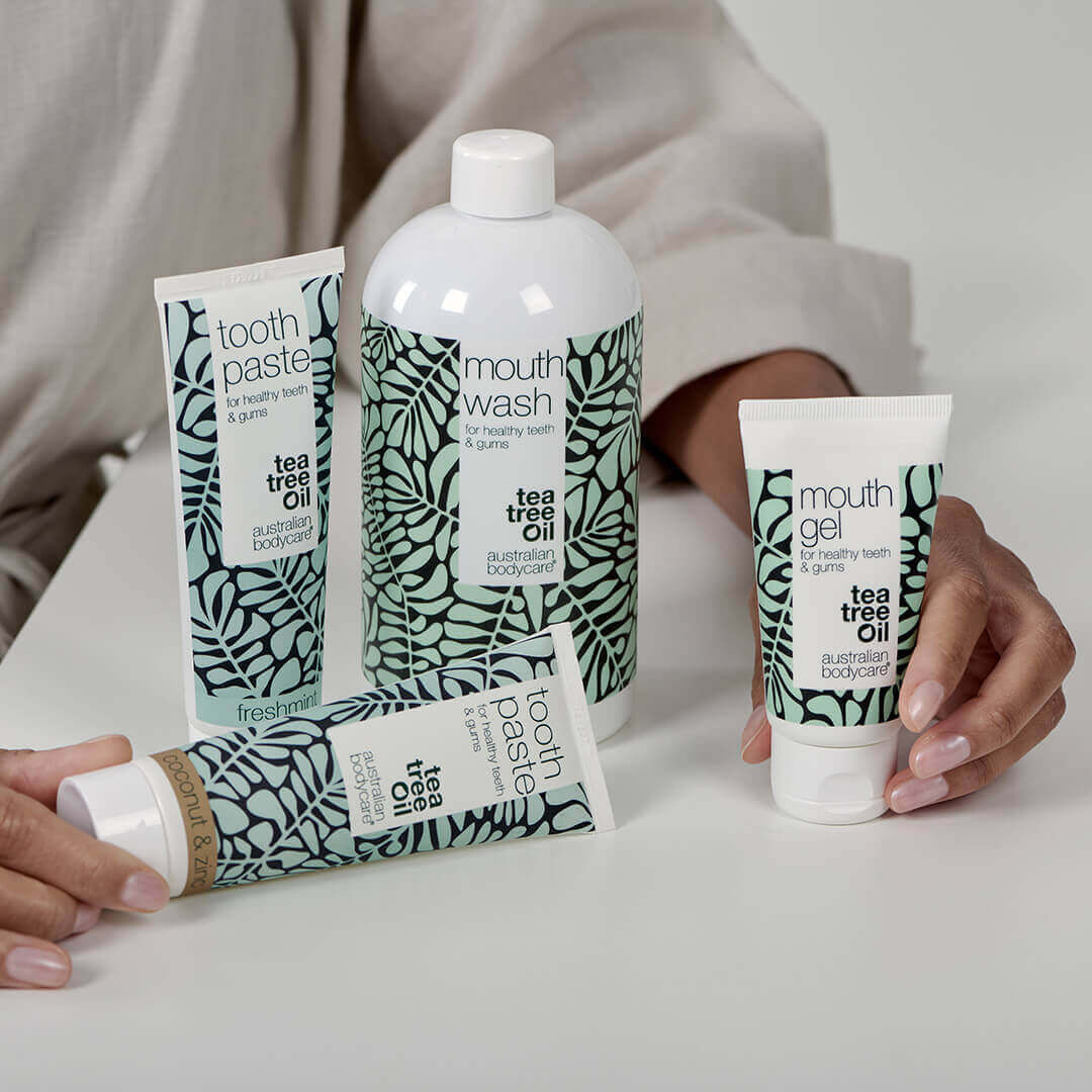 Balení 5 produktů pro zdravé dásně, zuby a jazyk — Přípravky s Tea Tree Oil pro každodenní péči o dásně, zuby a jazyk