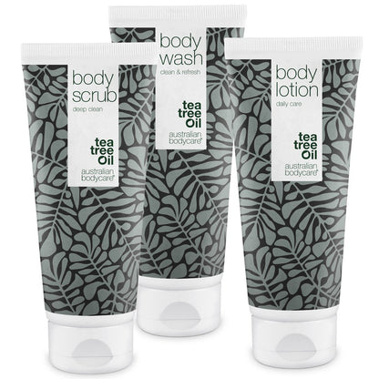 Tělová sada na pupínky, černé tečky, akné na zádech a na hýždích - 3 produkty s přírodním Tea Tree olejem